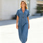 Abito lungo in jeans con cerniera e scollo a V da donna
