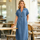 Abito lungo in jeans con cerniera e scollo a V da donna