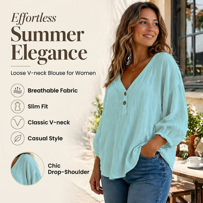 🔥-50%👕 Top casual da donna con scollo a V – Maniche a 3/4 a sbuffo in tessuto testurizzato
