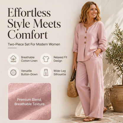 🔥-50%👗 Set da donna con top con scollo a V e pantaloni larghi – Outfit casual a due pezzi🍃, perfetto sia a casa che in città