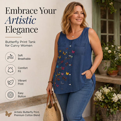 👕 Canotta da donna in stile jeans con stampa a farfalle – Senza maniche, abbottonata e con tasche anteriori🌿