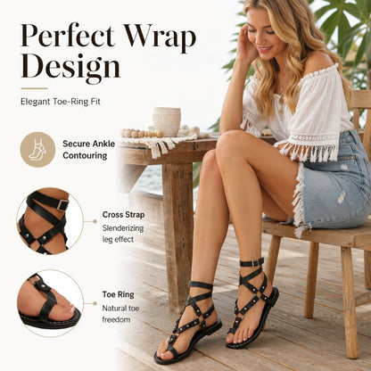 ❄️👡 Sandali piatti da donna con cinturini, stile gladiatore, con rivetti, cinturino alla caviglia e tra le dita, scarpe da spiaggia