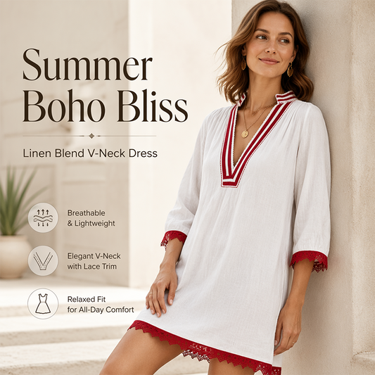 Abito da donna ampio in cotone e lino con scollo a V