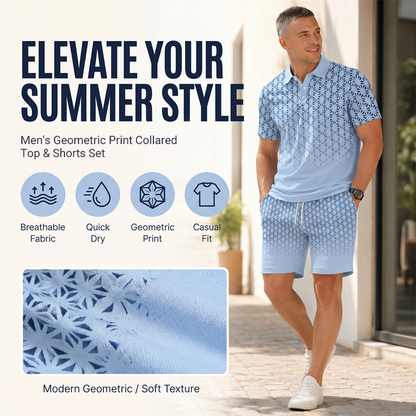 ⏳Offerta a tempo limitato⏰ Set composto da maglietta con colletto e pantaloncini da uomo con stampa geometrica: design moderno e traspirante per un look coordinato 🔷