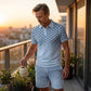 ⏳Offerta a tempo limitato⏰ Set composto da maglietta con colletto e pantaloncini da uomo con stampa geometrica: design moderno e traspirante per un look coordinato 🔷