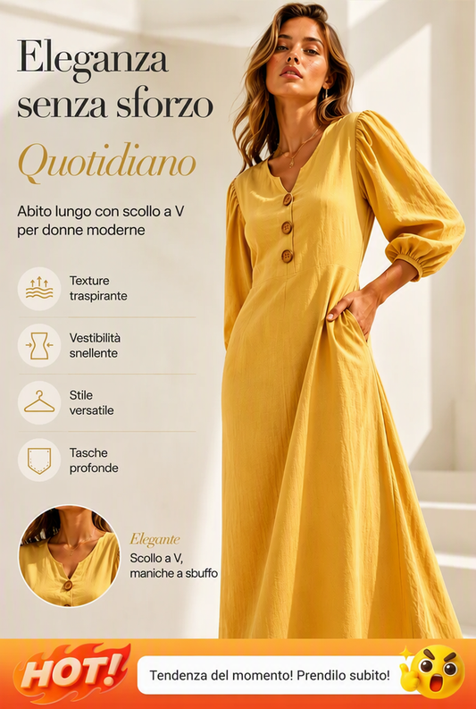 Abito lungo casual da donna con scollo a V e maniche a sbuffo