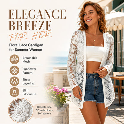 ⌛Zeitlich begrenztes Angebot – Langärmelige Damen-Strickjacke aus Mesh mit Sonnenblumen-Spitzenmuster
