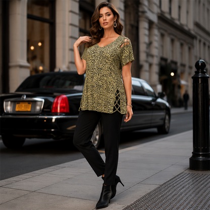 🐆 Maglietta da donna dal taglio ampio con scollo a V e motivo leopardato – Comoda, alla moda e versatile