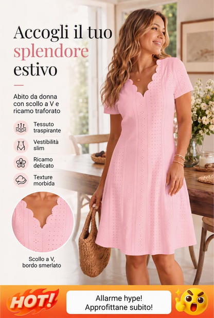 👗SCONTO DEL 50% - Abito con scollo a V, ricami traforati e orlo a conchiglia – Leggero e romantico, perfetto per feste in giardino o brunch 🌿