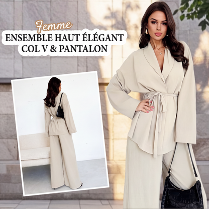 Completo da donna a due pezzi: elegante top con scollo a V e pantaloni a zampa