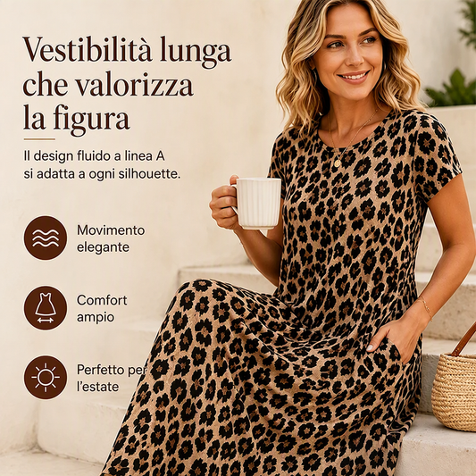 Abito lungo da donna con stampa leopardata e tasche, abito casual a maniche corte