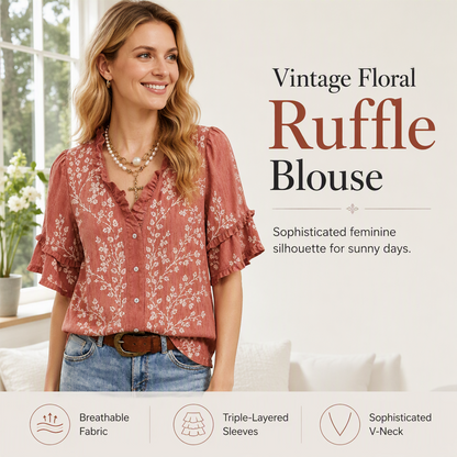 Top vintage da donna con motivo floreale e scollo a V con volant