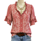 Top vintage da donna con motivo floreale e scollo a V con volant