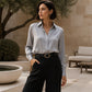 🌸 Camicetta in raso a maniche lunghe – Tessuto leggero, taglio femminile e look raffinato – Ideale per le giornate calde e le serate eleganti