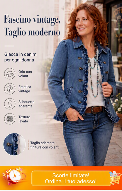 Giacca in denim con volant e doppia abbottonatura da donna