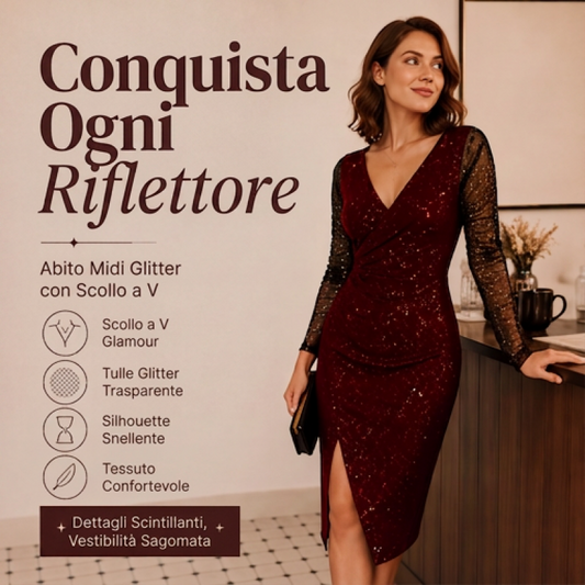 Abito bodycon glitterato da donna con maniche in mesh