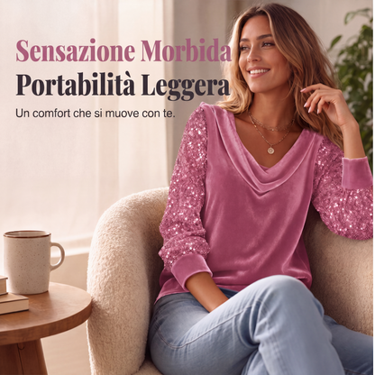 Top a maniche lunghe in velluto scintillante