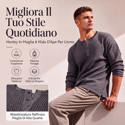 Camicia Henley da uomo in maglia a nido d'ape a maniche lunghe