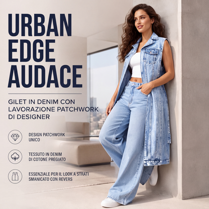 Abito smanicato da donna in denim con spacco alto, lungo modello di giacca di jeans