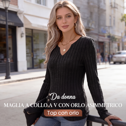Top in maglia da donna con scollo a V e orlo asimmetrico