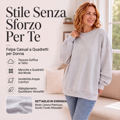 Top da donna oversize con scollo rotondo e motivo patchwork a quadri