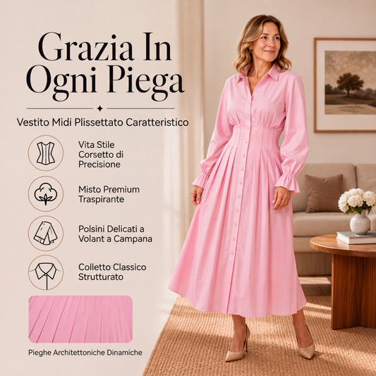 Abito donna a camicia con vita a pieghe e maniche lunghe
