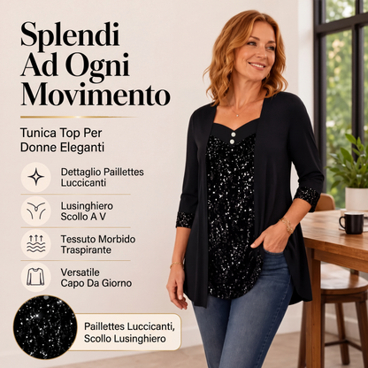 Top da donna con paillettes, effetto due pezzi con applicazioni