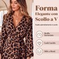 Abito da donna con stampa leopardata, scollo a V, volant e cintura in vita