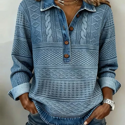 Camicia da donna in denim patchwork con colletto a revers e maniche lunghe