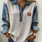 Camicia da donna in denim patchwork con colletto a revers e maniche lunghe