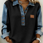 Camicia da donna in denim patchwork con colletto a revers e maniche lunghe