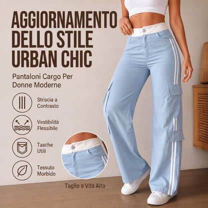 Pantaloni cargo da donna a gamba dritta con bande laterali