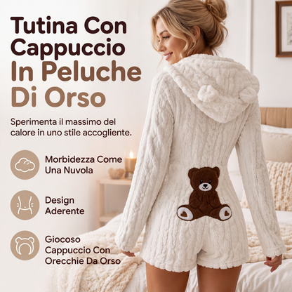 Tuta intera da donna in peluche con cappuccio e maniche lunghe