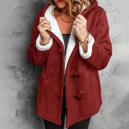 Cappotto da donna con cappuccio in finta pelle scamosciata e fodera in peluche sintetico