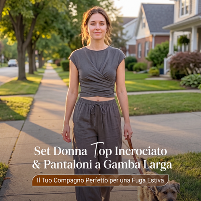 Set da donna con top incrociato e pantaloni a gamba larga