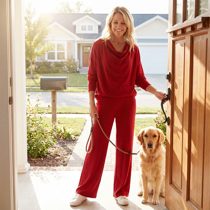 Completo da donna a 2 pezzi: top a maniche lunghe con scollo a cappuccio e pantaloni