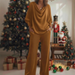 Completo da donna a 2 pezzi: top a maniche lunghe con scollo a cappuccio e pantaloni