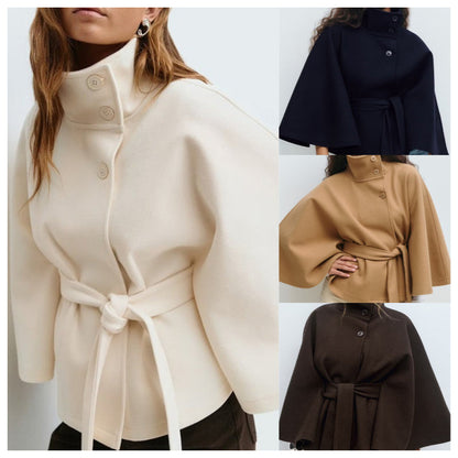 Cappotto da donna stile mantello con colletto alto e cintura