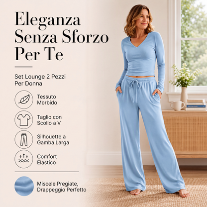 Completo donna con top a maniche lunghe scollo a V e pantaloni a gamba larga