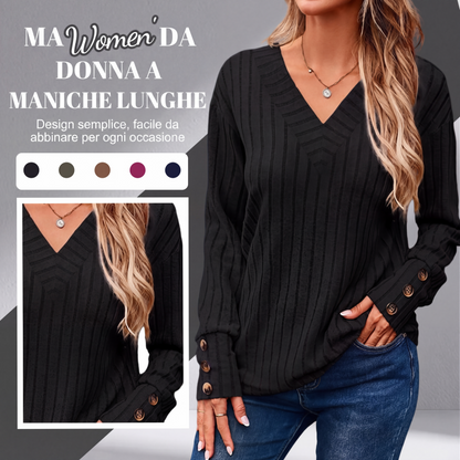 Top casual da donna a maniche lunghe con scollo a V