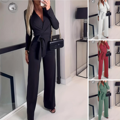 Elegante tuta monocolore, sexy, dalla vestibilità aderente e con scollo a V