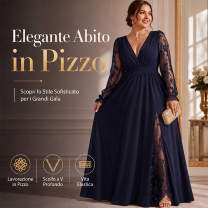 Abito lungo da donna elegante con scollo a V e applicazioni in pizzo