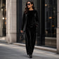 Completo da donna in velluto con top a maniche lunghe e pantaloni a gamba larga