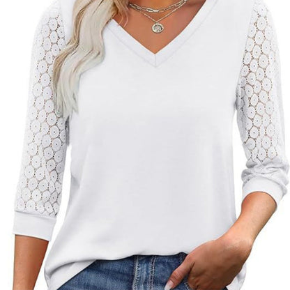 Top da donna casual con scollo a V in pizzo e maniche a 3/4