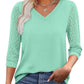 Top da donna casual con scollo a V in pizzo e maniche a 3/4