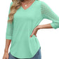 Top da donna casual con scollo a V in pizzo e maniche a 3/4