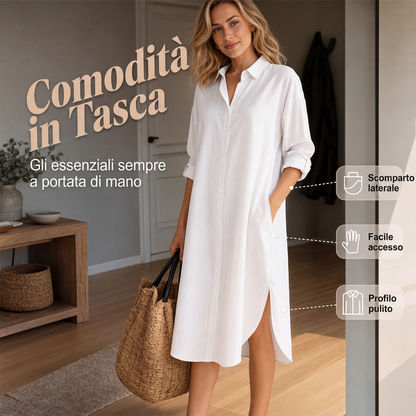 Abito camicia da donna in cotone e lino, taglio comodo con tasche
