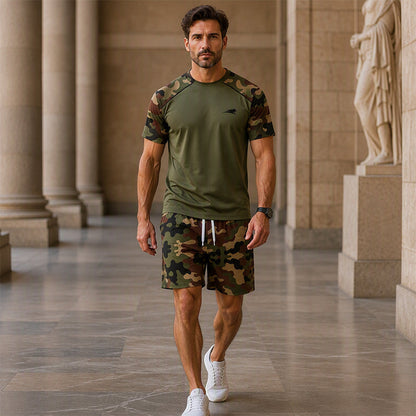 Set da uomo composto da camicia a maniche corte mimetica casual e shorts