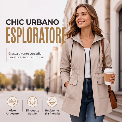 Giacca antipioggia da donna con cappuccio resistente all'acqua