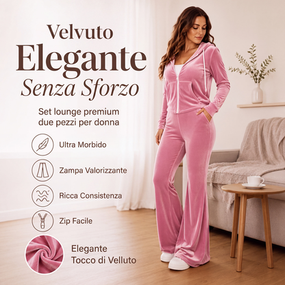 Set di felpa con cappuccio e zip in velluto e pantaloni a zampa da donna